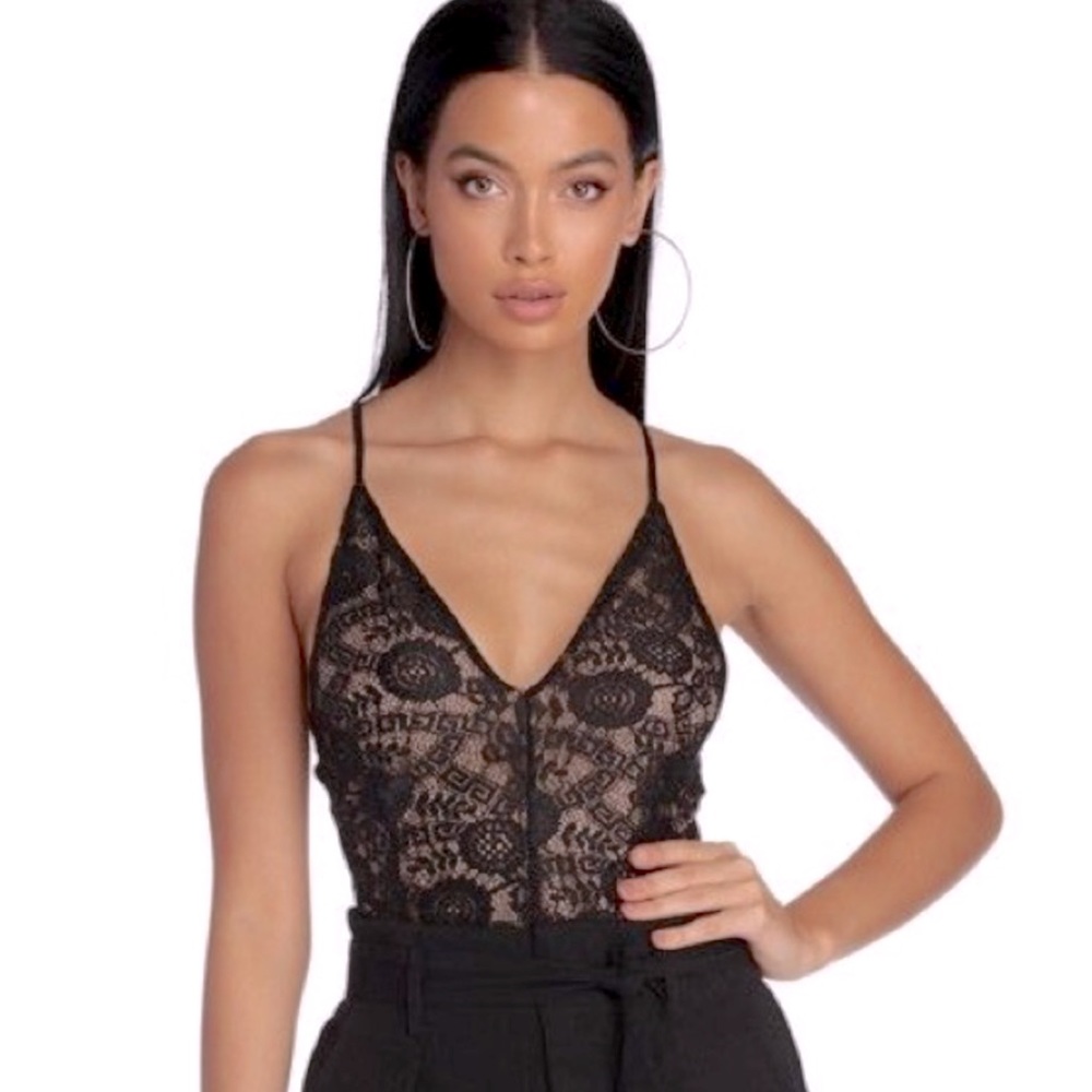 Windsor Sexy Black Lace & Nude V neck Thong Bodysuit Tank Top - Small - NWT